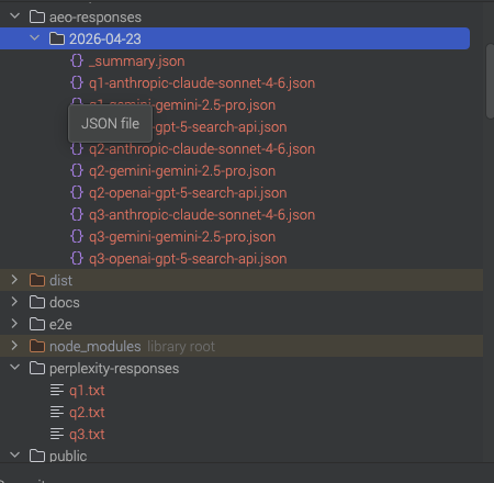 File tree view of aeo-responses/2026-04-23/ — one JSON file per query × provider combination, plus a _summary.json index